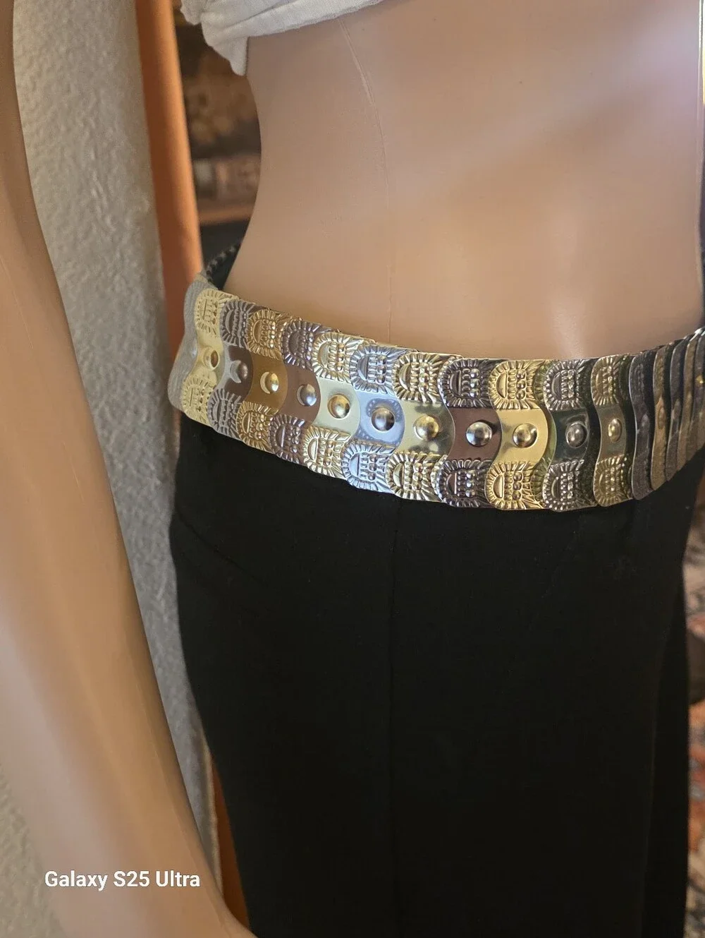 Vintage Ornate Mixed Metal Elastic Stretch Belt - Gold & Silver Filigree